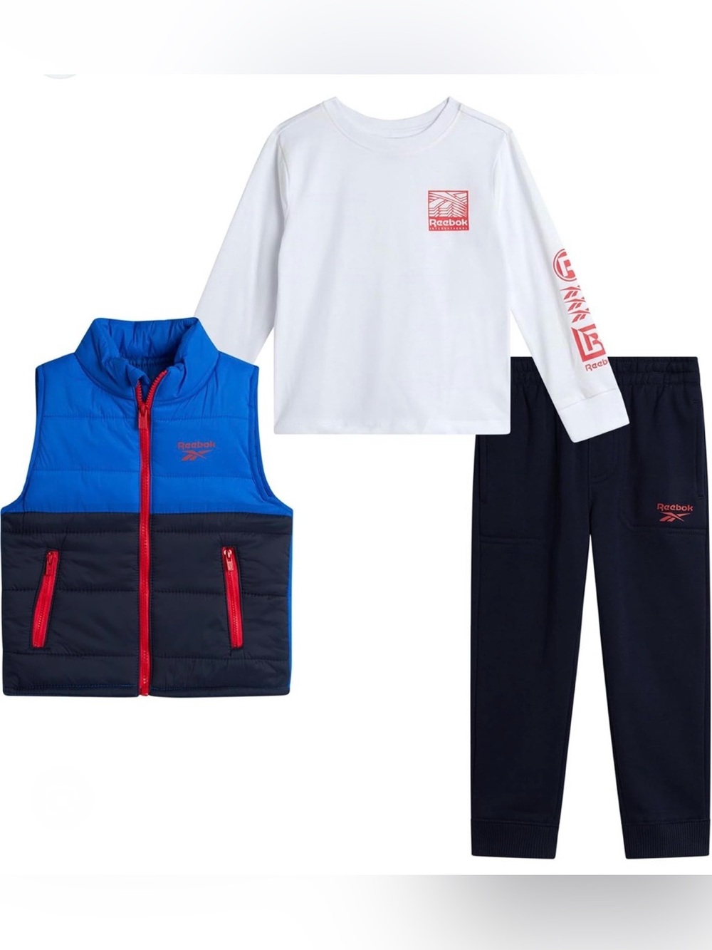 Reebok White Long Sleeve Tee, Blue & Navy Puffer Vest, Navy Joggers